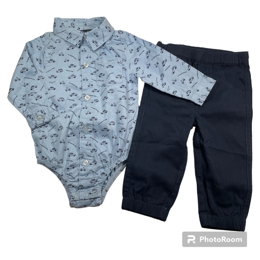 NWOT Little Rebels Cars Print Shirt Bodysuit And Twill Pull On Pant Size 3-6M